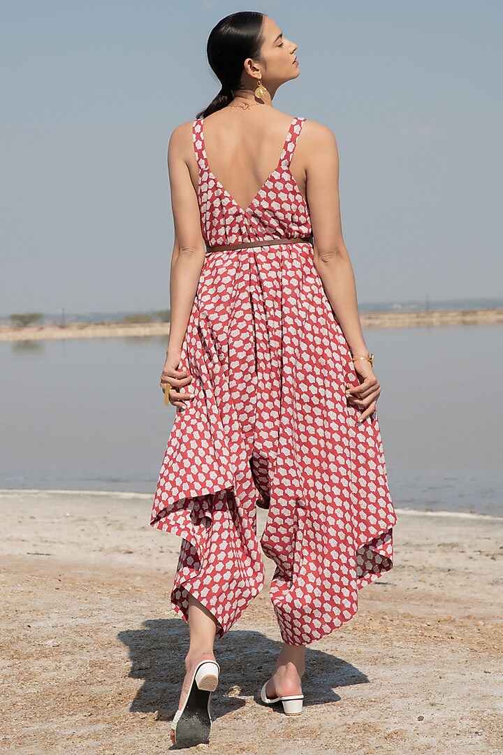Red Printed Draped Jumpsuit by Marche at Pernia's Pop Up Shop