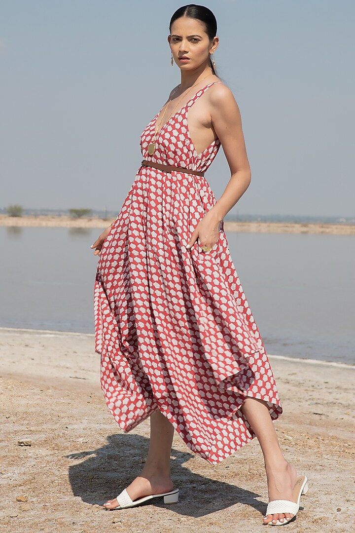 Red Printed Draped Jumpsuit by Marche at Pernia's Pop Up Shop