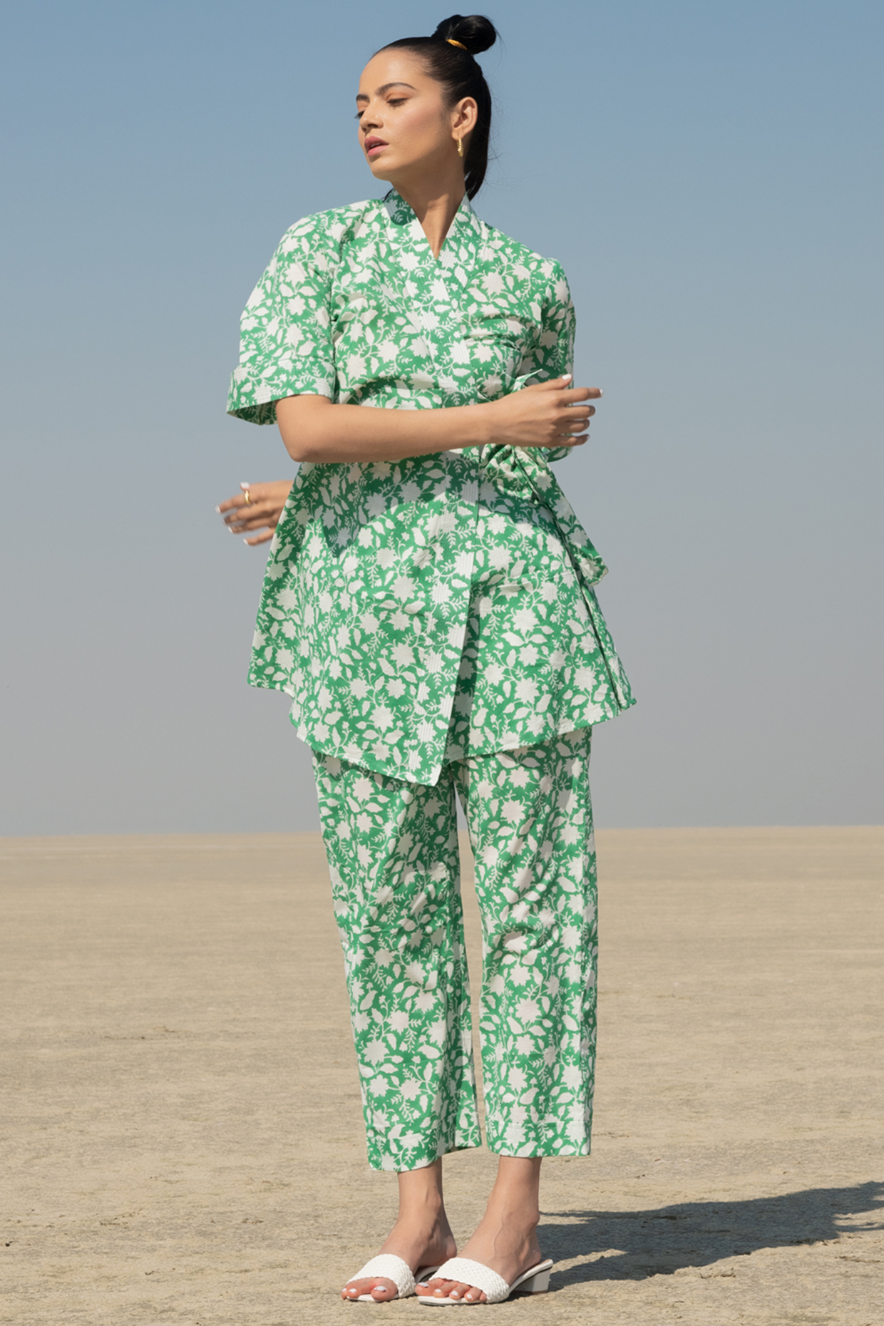 Green Printed Kimono Co-Ord Set by Marche
