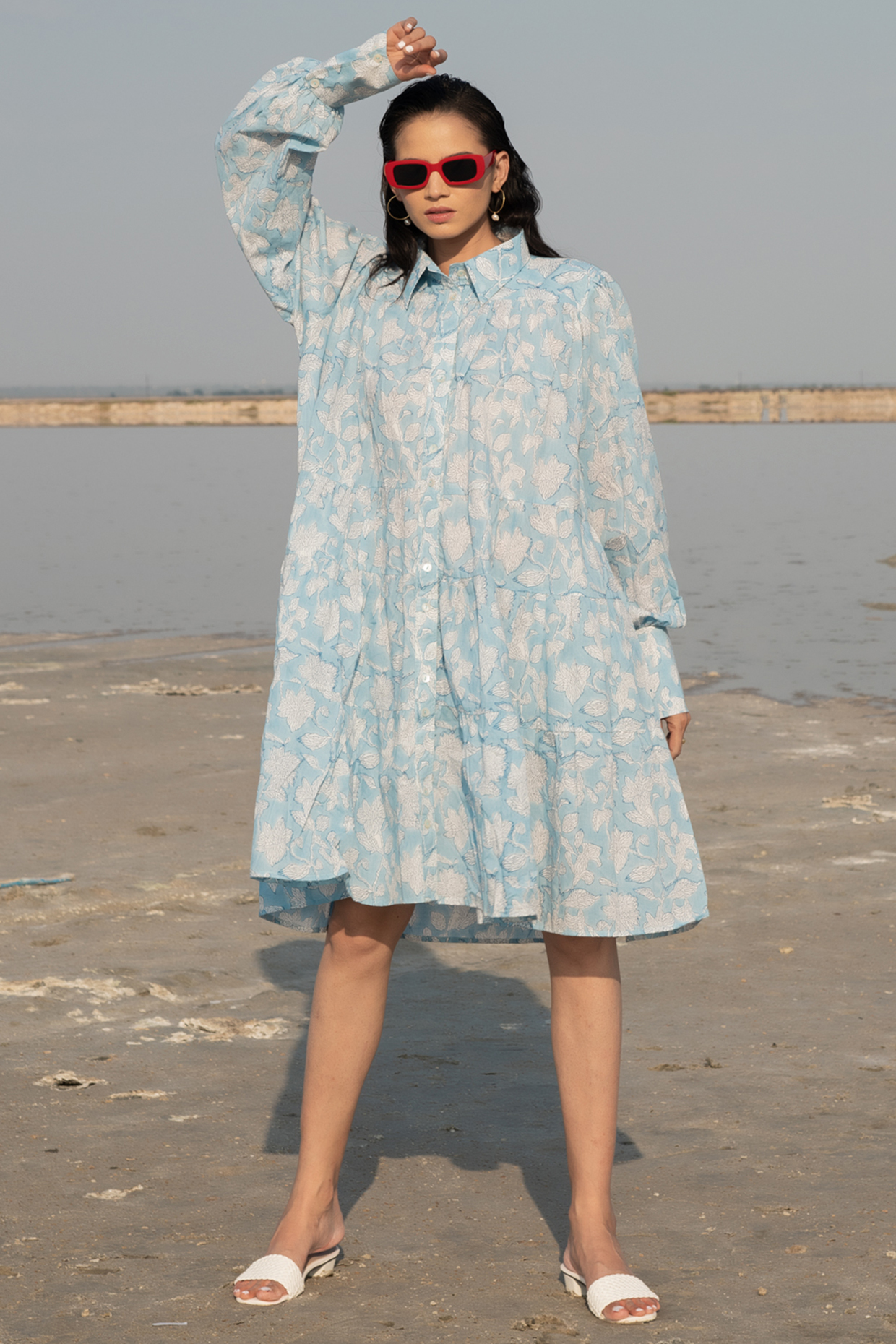 Blue Printed Tiered Dress by Marche