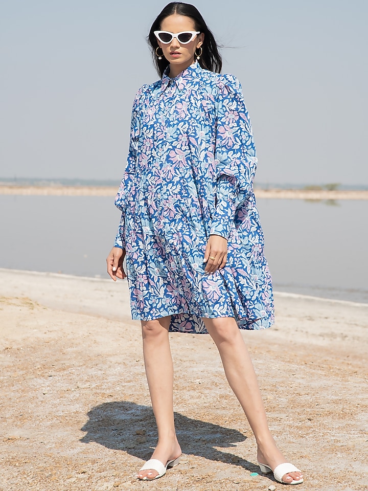Blue hand Block Printed Dress by Marche