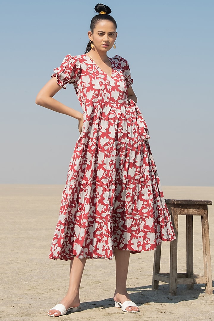 Red Printed Tiered Wrap Dress by Marche