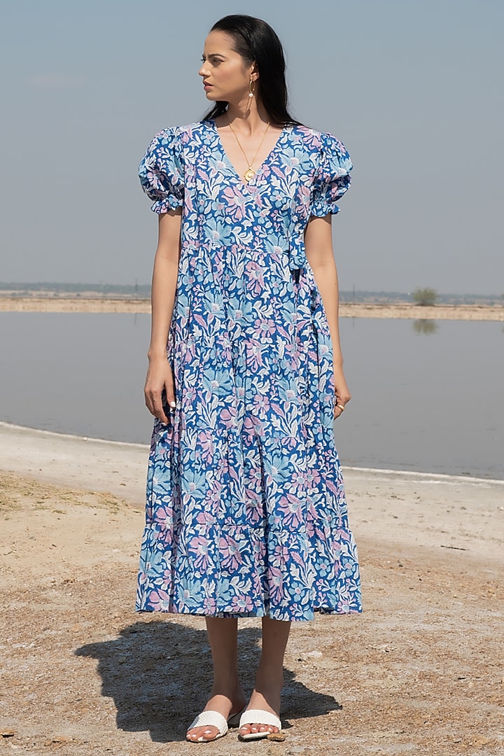 Blue Printed Tiered Wrap Dress by Marche