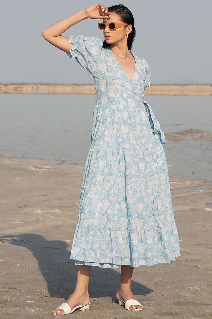 Blue Block Printed Tiered Wrap Dress by Marche