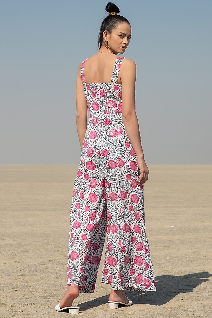 Grey Hand Block Printed Jumpsuit by Marche at Pernia's Pop Up Shop