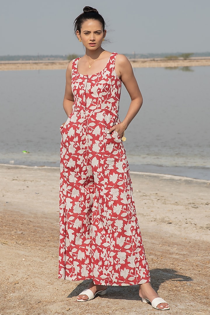 Red Hand Block Printed Jumpsuit by Marche