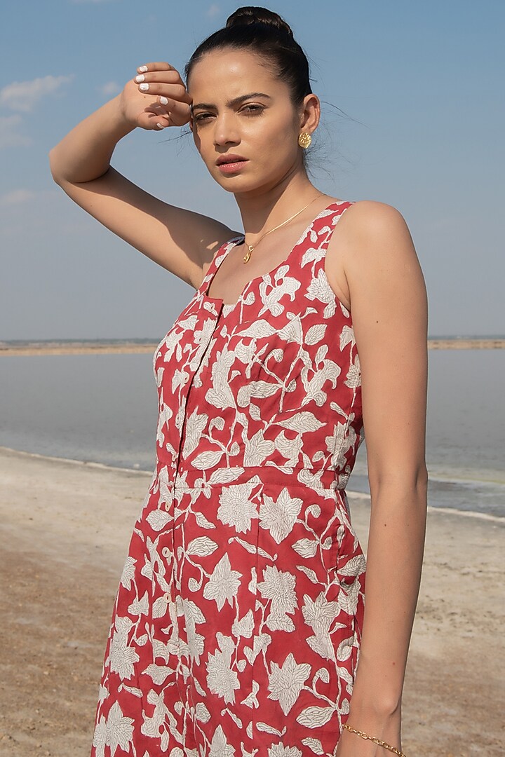 Red Hand Block Printed Jumpsuit by Marche at Pernia's Pop Up Shop