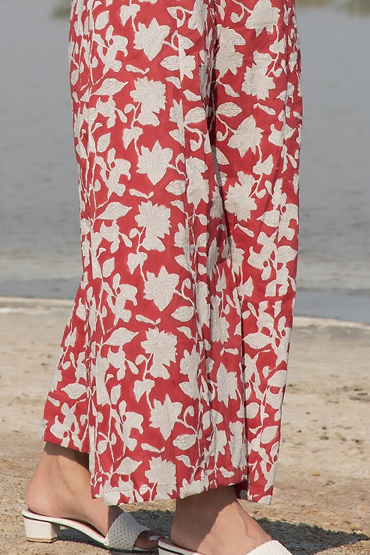 Red Hand Block Printed Jumpsuit by Marche at Pernia's Pop Up Shop