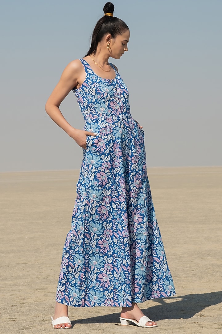 Blue Hand Block Printed Jumpsuit by Marche