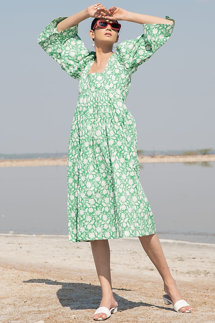 Green Hand Block Printed Midi Dress by Marche
