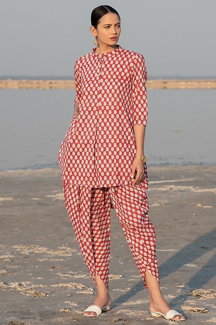 Red Hand Block Printed Dhoti Set by Marche