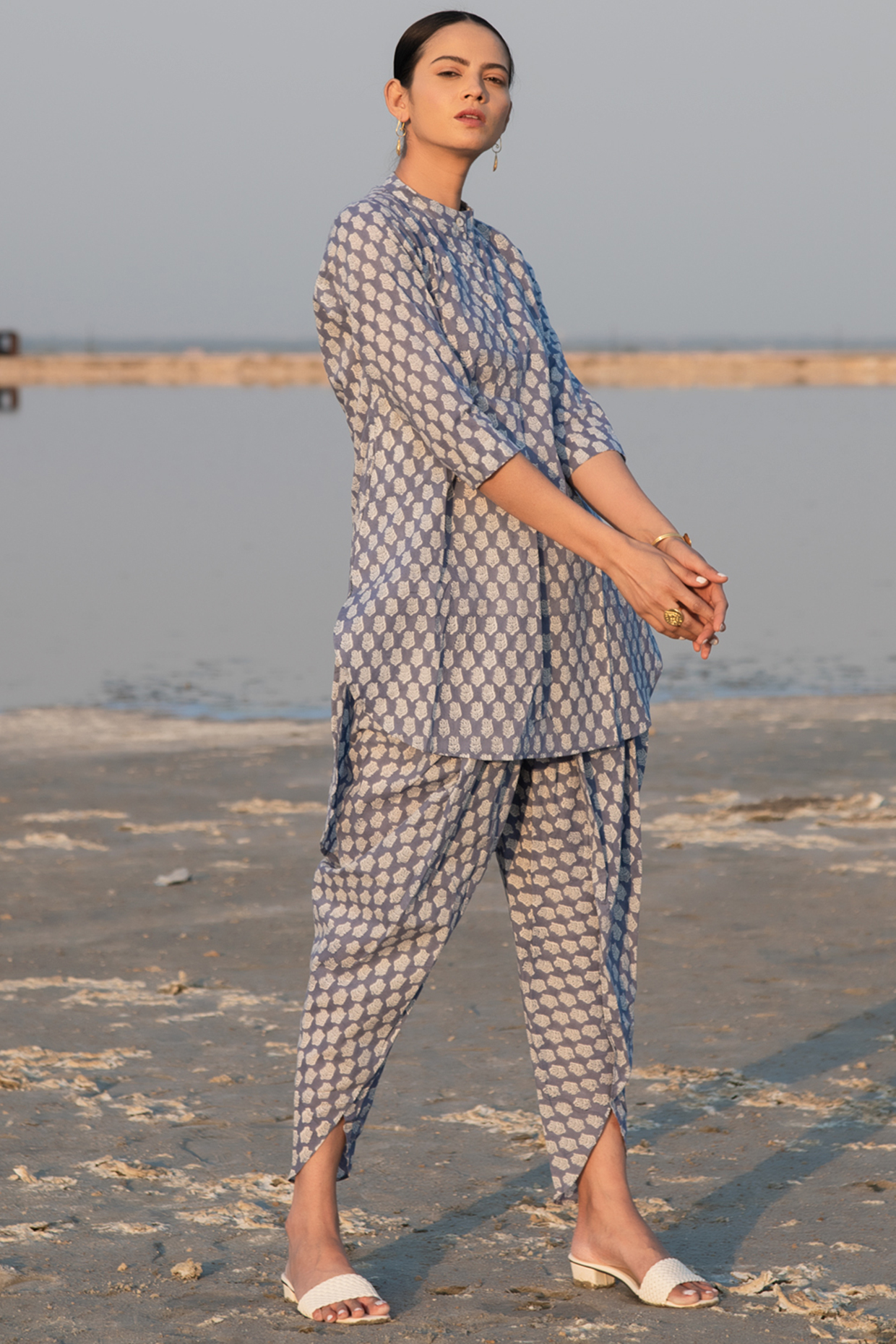 Blue Hand Block Printed Dhoti Set by Marche