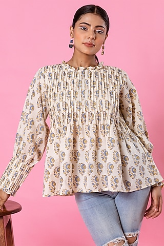White Cotton Printed Top by Marche