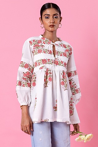 White Cotton Printed Top by Marche