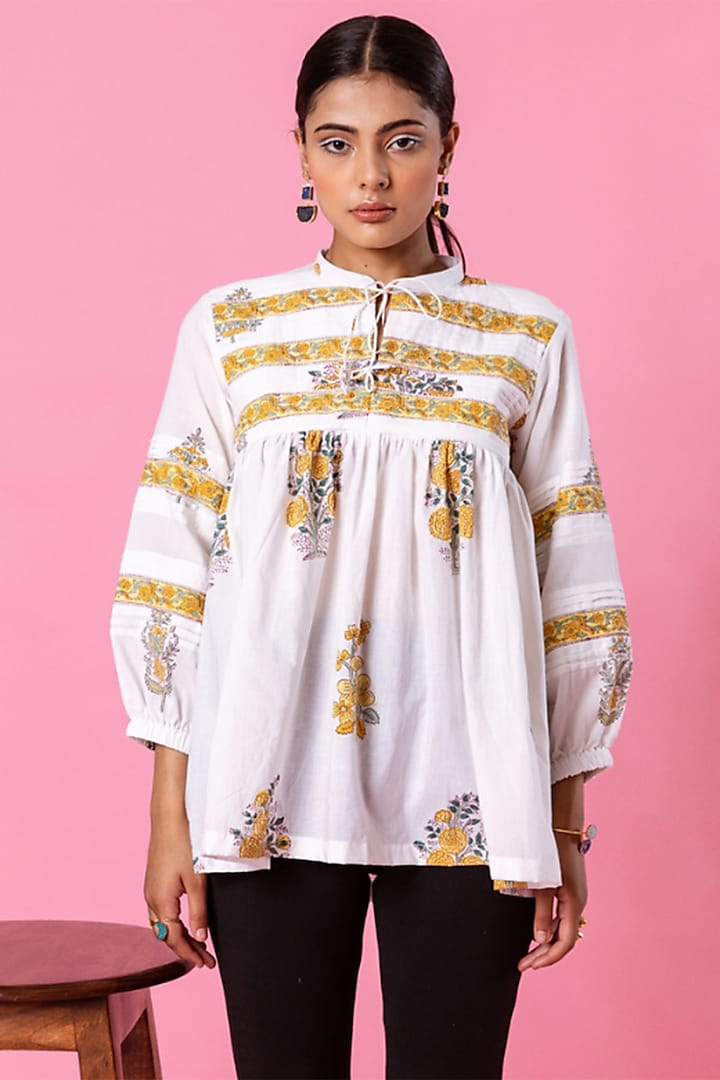 White Cotton Printed Top by Marche