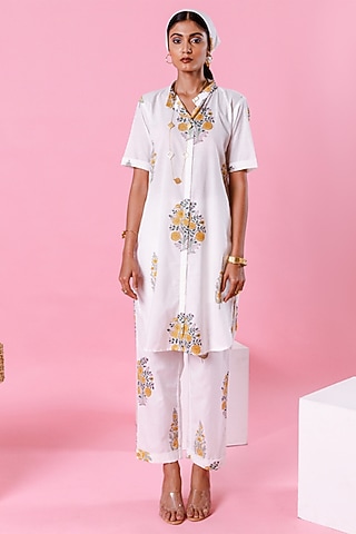 White Cotton Printed Co-Ord Set by Marche