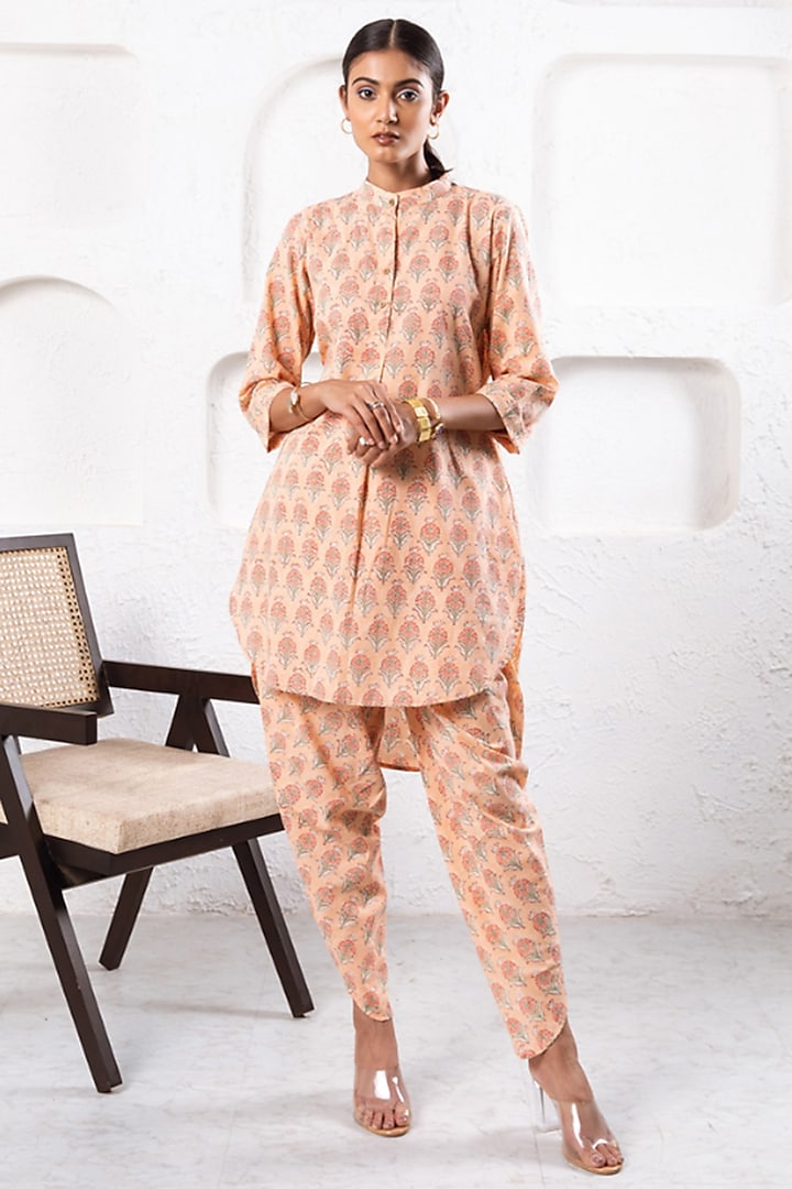 Peach Cotton Printed Co-Ord Set by Marche