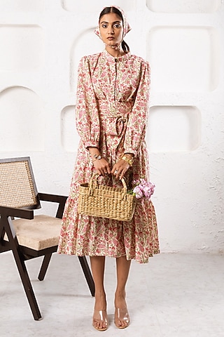 White Cotton Hand Block Printed Tiered Dress by Marche
