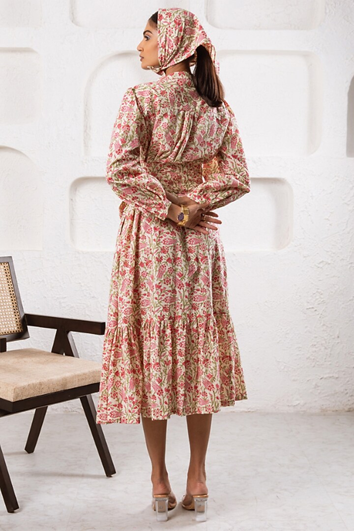 White Cotton Hand Block Printed Tiered Summer Dress by Marche at Pernia's Pop Up Shop