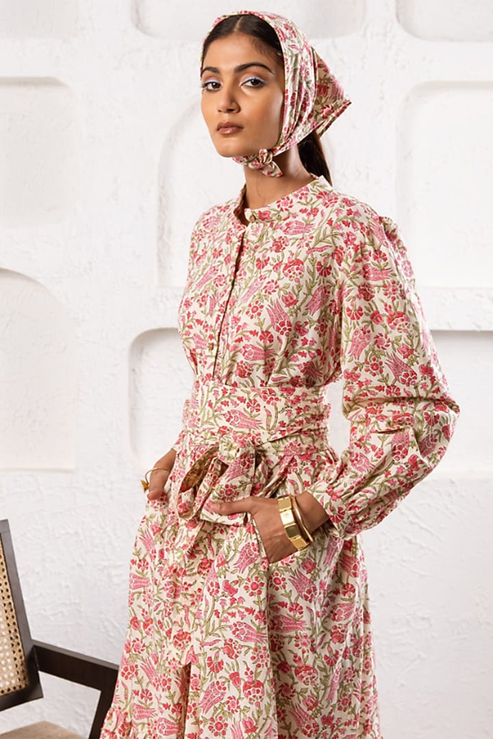 White Cotton Hand Block Printed Tiered Summer Dress by Marche at Pernia's Pop Up Shop