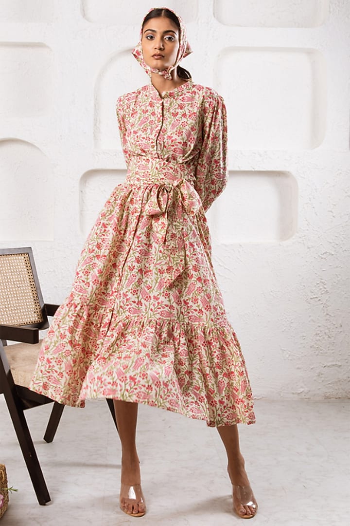 White Cotton Hand Block Printed Tiered Summer Dress by Marche at Pernia's Pop Up Shop