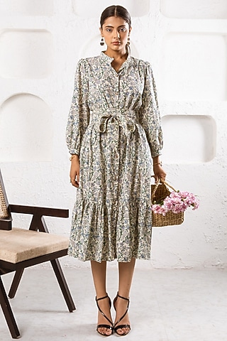 White Cotton Hand Block Printed Tiered Dress by Marche