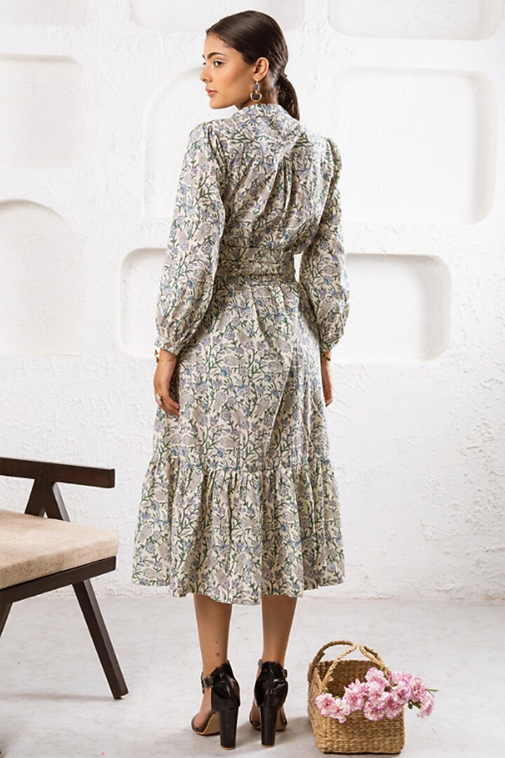 White Cotton Hand Block Printed Tiered Summer Dress by Marche at Pernia's Pop Up Shop