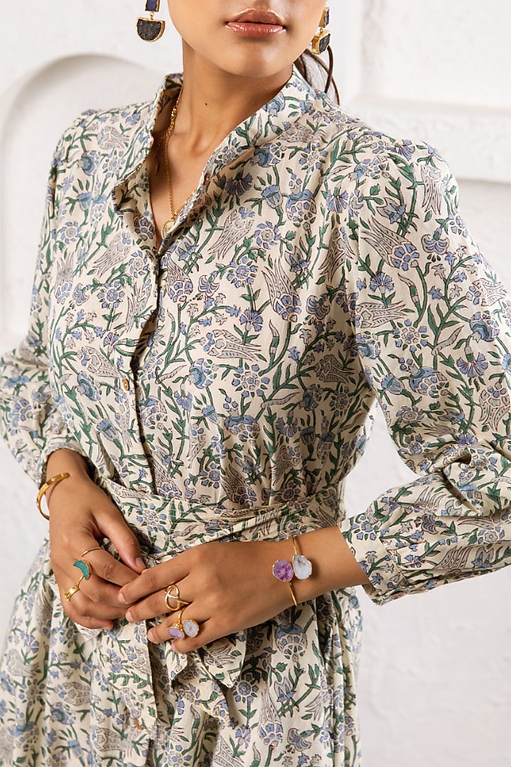 White Cotton Hand Block Printed Tiered Summer Dress by Marche at Pernia's Pop Up Shop