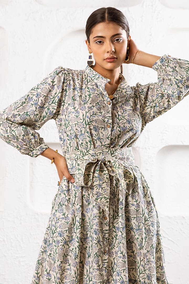 White Cotton Hand Block Printed Tiered Summer Dress by Marche at Pernia's Pop Up Shop