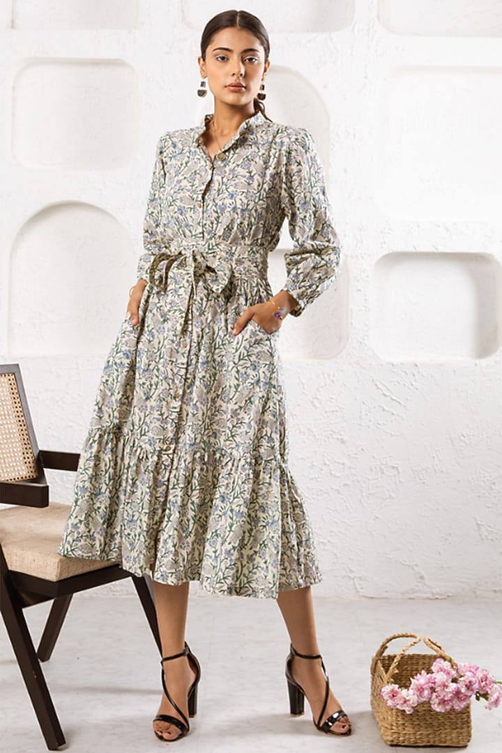 White Cotton Hand Block Printed Tiered Summer Dress by Marche at Pernia's Pop Up Shop