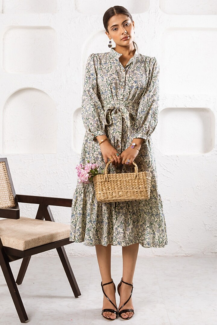 White Cotton Hand Block Printed Tiered Summer Dress by Marche at Pernia's Pop Up Shop