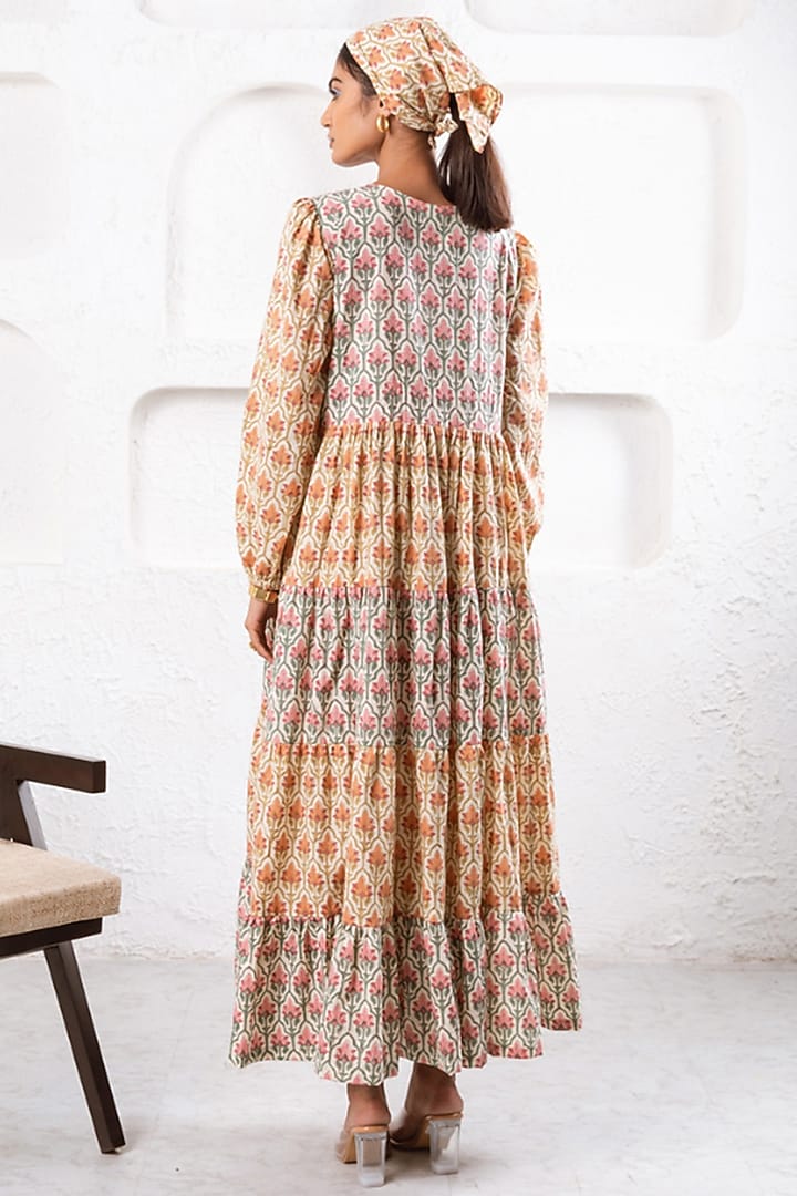 Yellow Cotton Floral Hand Block Printed Tiered Summer Dress by Marche at Pernia's Pop Up Shop