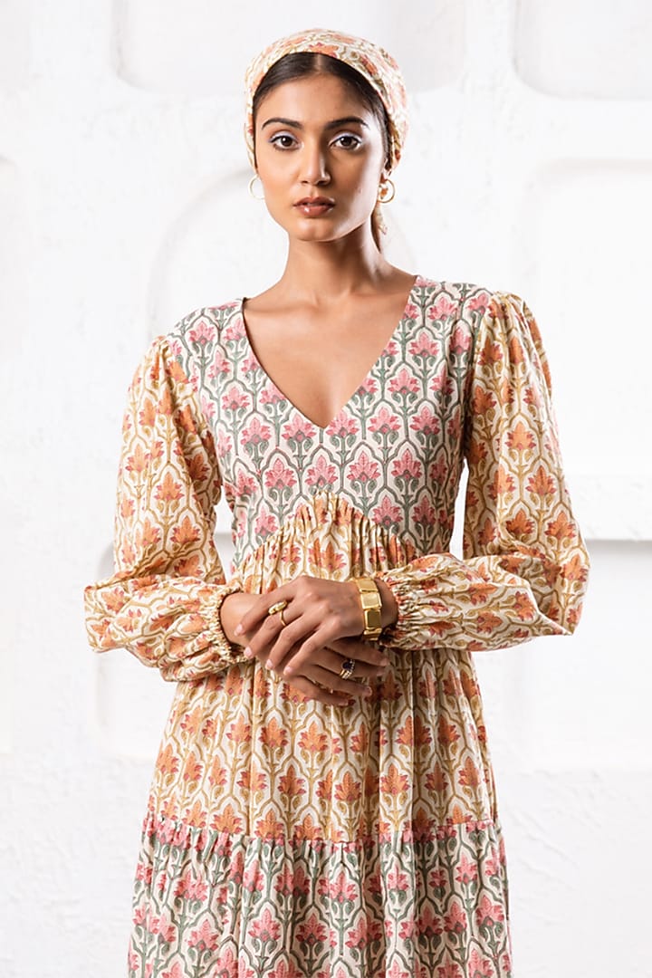 Yellow Cotton Floral Hand Block Printed Tiered Summer Dress by Marche at Pernia's Pop Up Shop