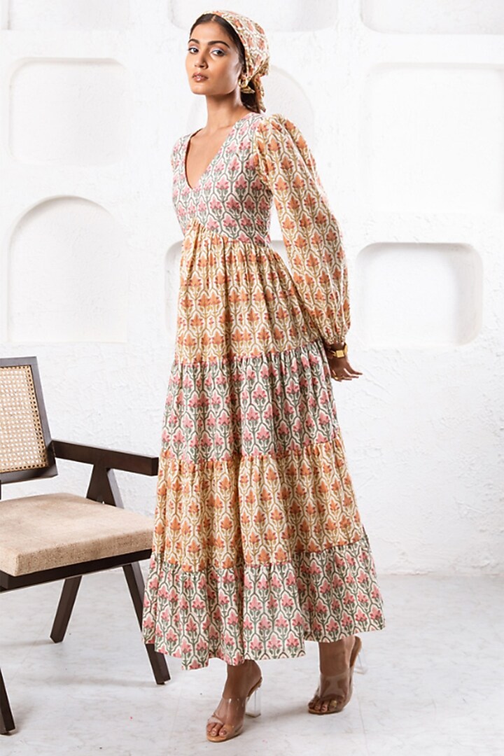 Yellow Cotton Floral Hand Block Printed Tiered Summer Dress by Marche at Pernia's Pop Up Shop