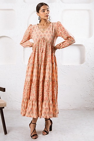 Peach Cotton Hand Block Printed Tiered Dress by Marche