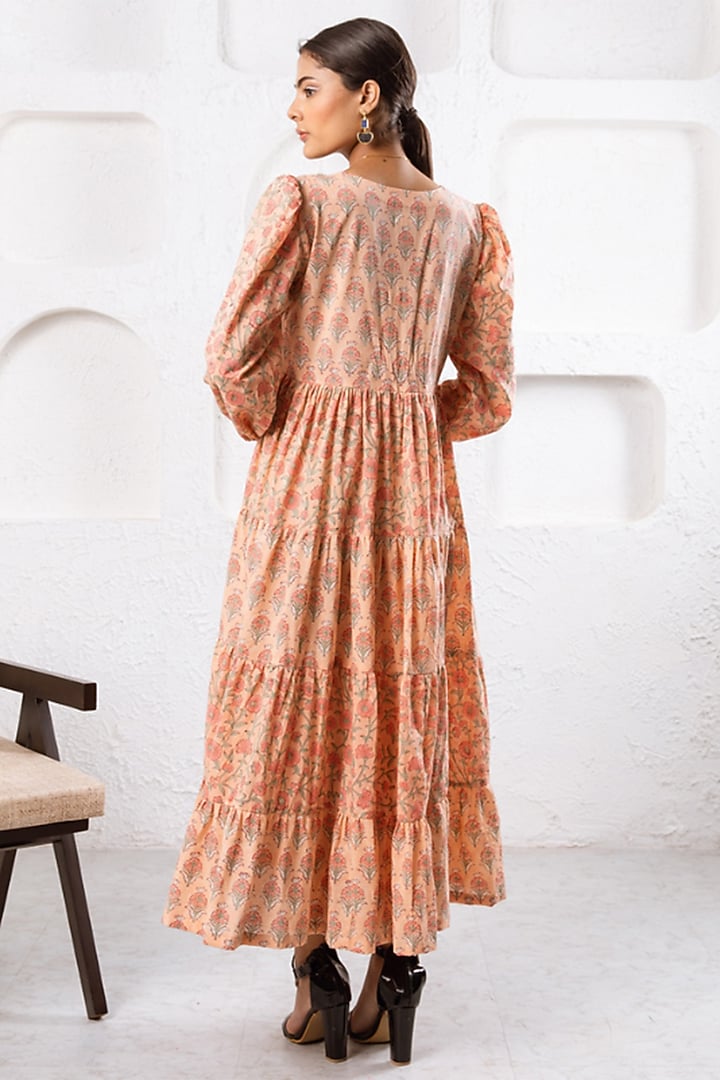 Peach Cotton Hand Block Printed Tiered Summer Dress by Marche at Pernia's Pop Up Shop