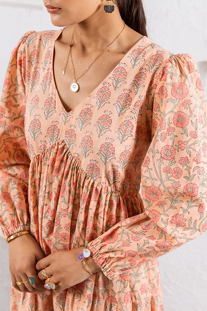 Peach Cotton Hand Block Printed Tiered Summer Dress by Marche at Pernia's Pop Up Shop