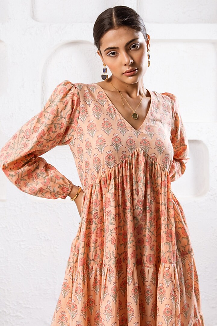 Peach Cotton Hand Block Printed Tiered Summer Dress by Marche at Pernia's Pop Up Shop