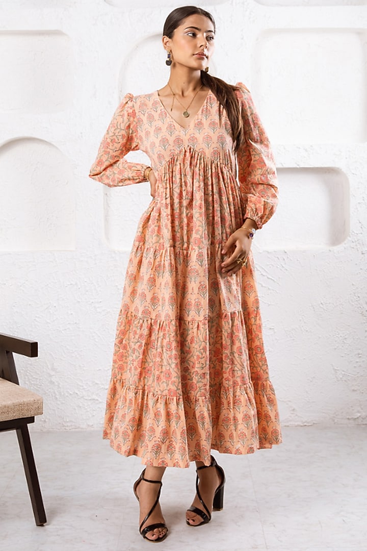 Peach Cotton Hand Block Printed Tiered Summer Dress by Marche at Pernia's Pop Up Shop
