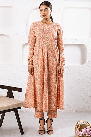 Peach Cotton Printed Kurta Set by Marche