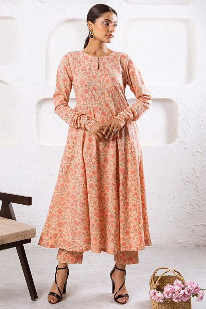 Peach Cotton Printed Kurta Set by Marche at Pernia's Pop Up Shop