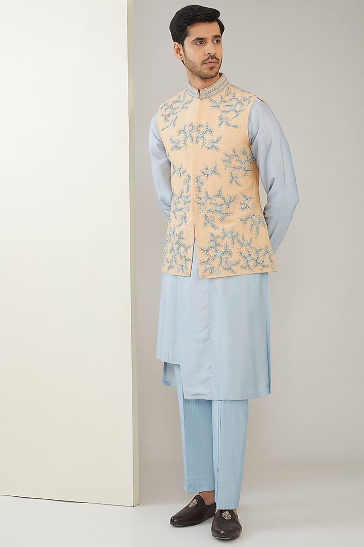 Pastel Peach Silk Chanderi Hand Embroidered Nehru Jacket Set by MARAASIM at Pernia's Pop Up Shop