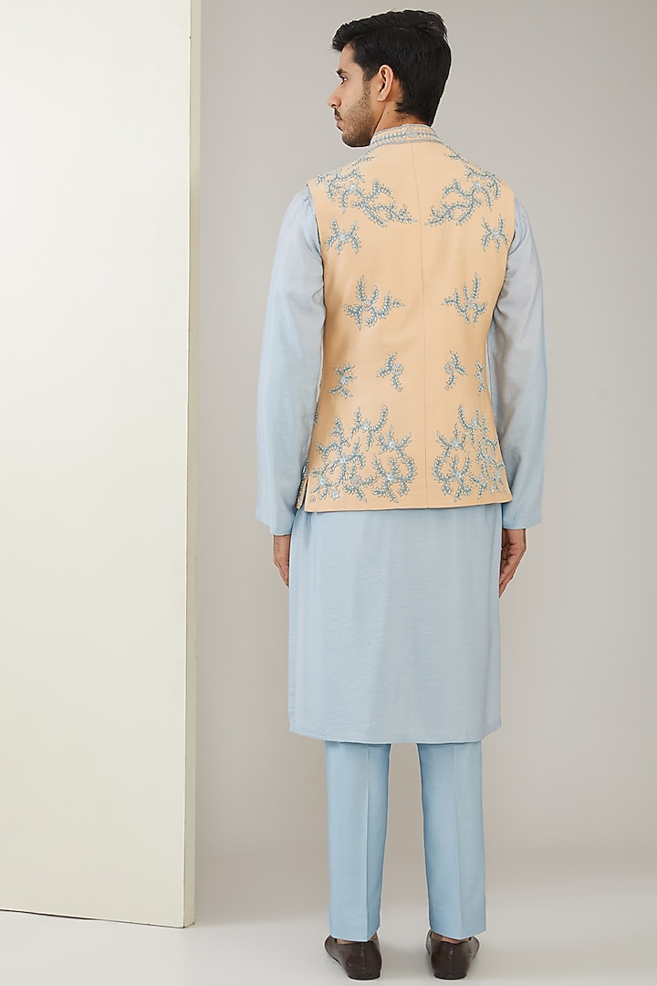 Pastel Peach Silk Chanderi Hand Embroidered Nehru Jacket Set by MARAASIM at Pernia's Pop Up Shop