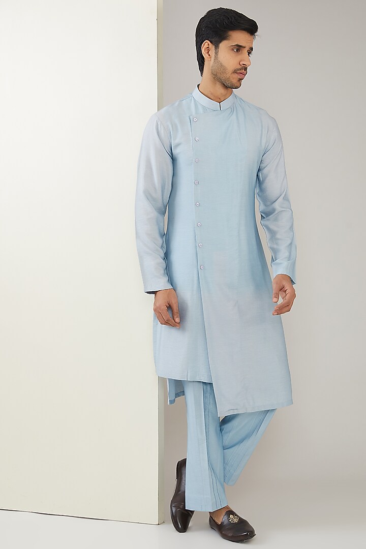 Pastel Peach Silk Chanderi Hand Embroidered Nehru Jacket Set by MARAASIM at Pernia's Pop Up Shop