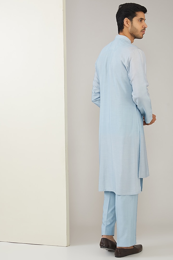 Pastel Peach Silk Chanderi Hand Embroidered Nehru Jacket Set by MARAASIM at Pernia's Pop Up Shop