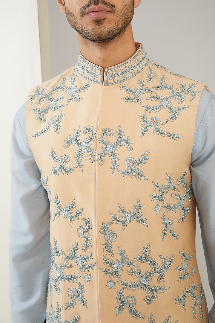 Pastel Peach Silk Chanderi Hand Embroidered Nehru Jacket Set by MARAASIM at Pernia's Pop Up Shop