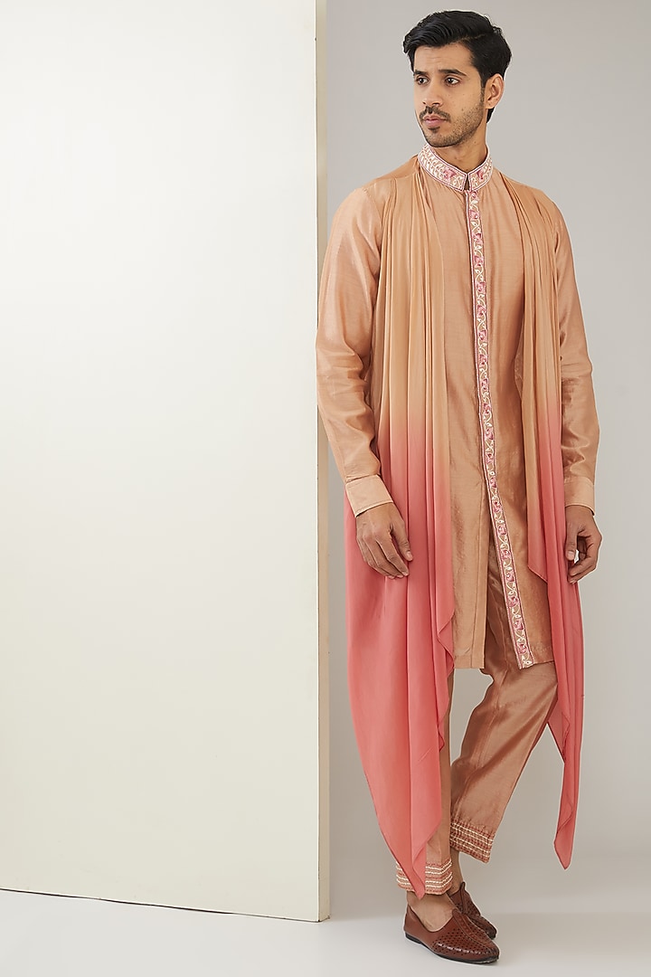 Pastel Pink Silk Chanderi & Crepe Hand Embroidered Kurta Set by MARAASIM at Pernia's Pop Up Shop