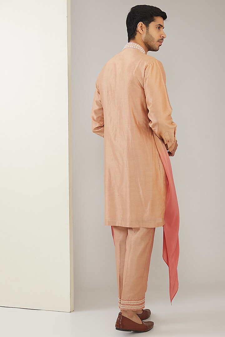 Pastel Pink Silk Chanderi & Crepe Hand Embroidered Kurta Set by MARAASIM at Pernia's Pop Up Shop