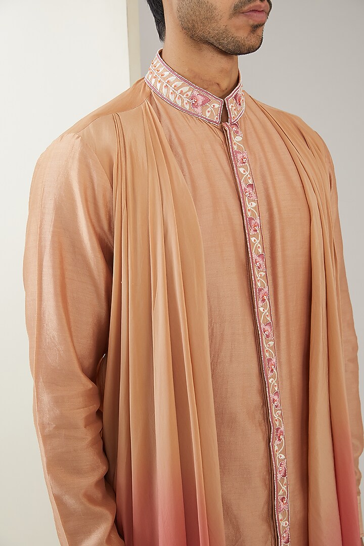Pastel Pink Silk Chanderi & Crepe Hand Embroidered Kurta Set by MARAASIM at Pernia's Pop Up Shop