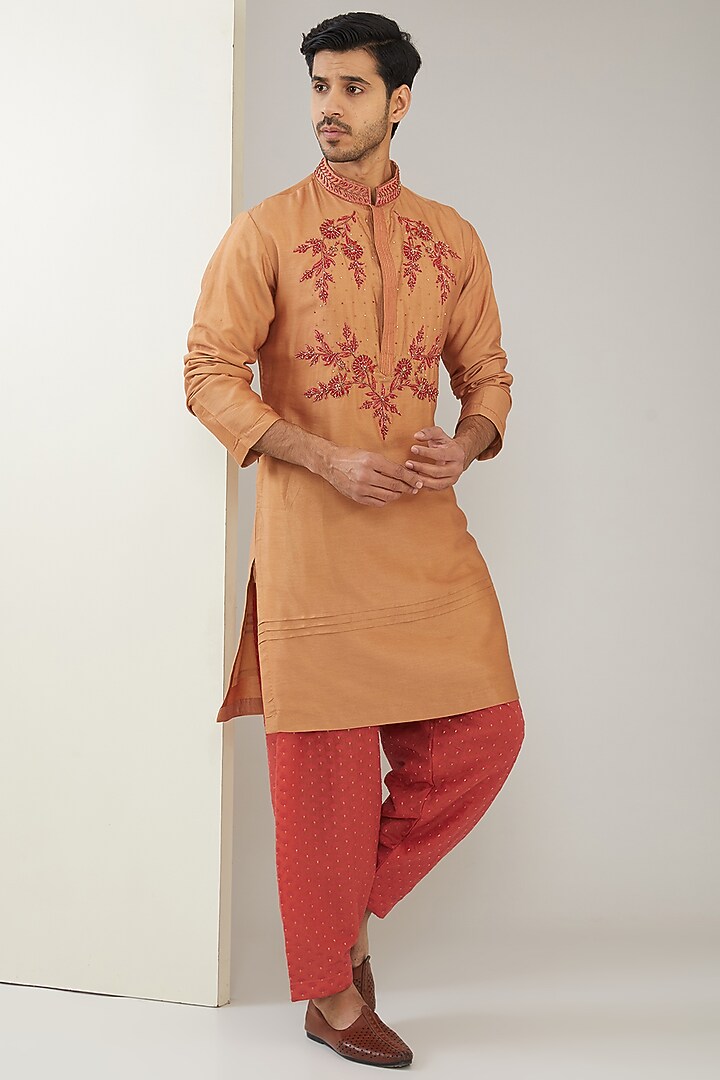 Beige Silk Chanderi Hand Embroidered Kurta Set by MARAASIM at Pernia's Pop Up Shop